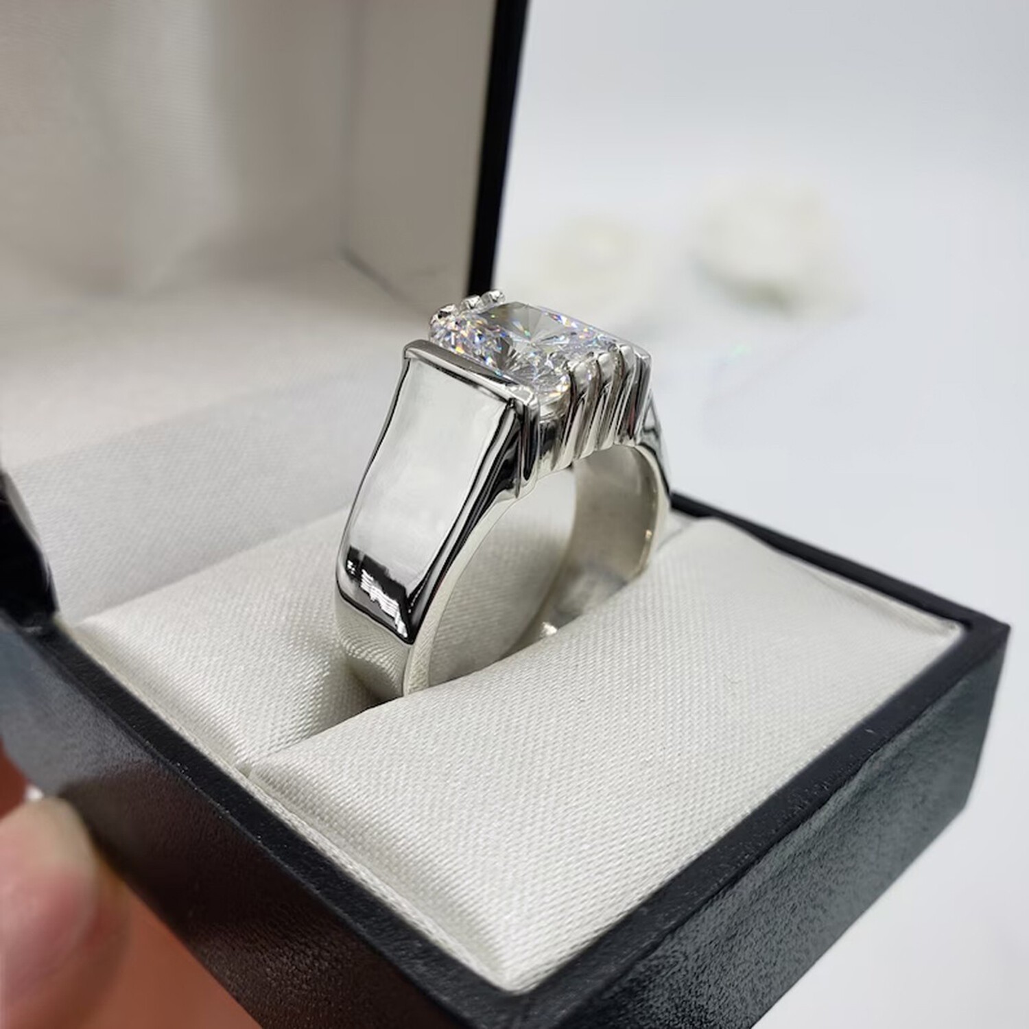 Men’s 5.42 Ct White Lab Grown Diamond Radiant Cut Solitaire Ring 925 Silver
