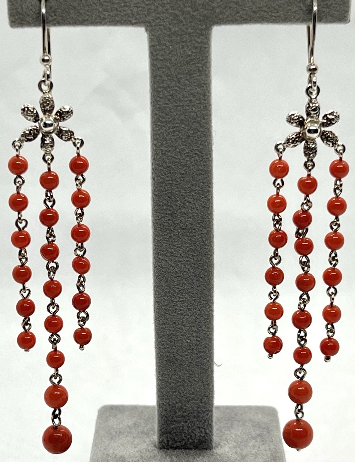 925 Silver Earrings With Natural Mediterranean Coral 7.5cm – Handmade