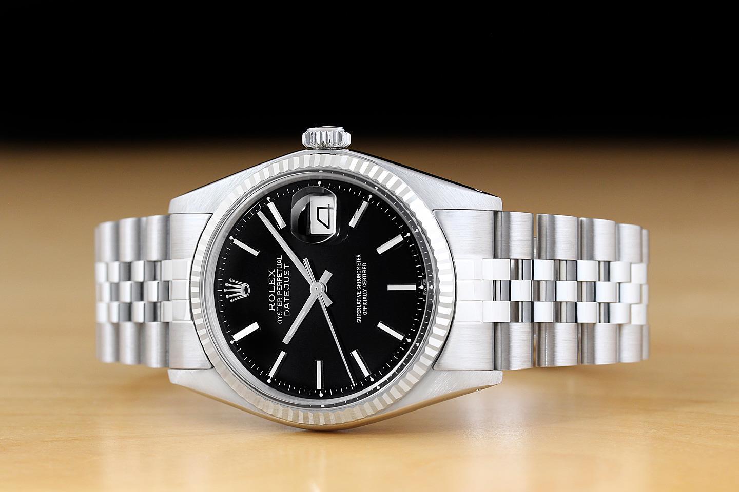 ROLEX MENS DATEJUST BLACK DIAL 18K WHITE GOLD STAINLESS STEEL JUBILEE WATCH
