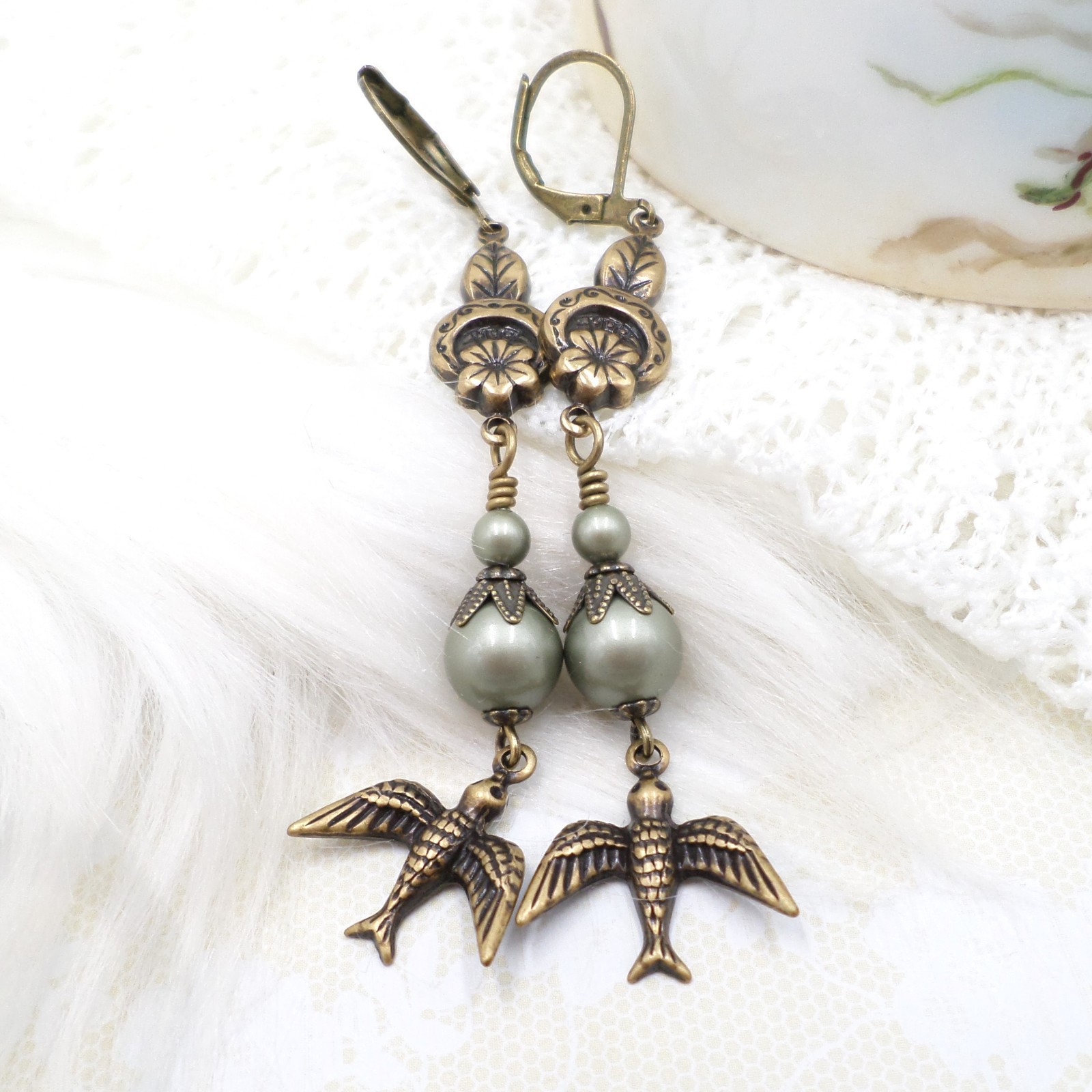 Brass Bird Earrings: Sage Green Pearl Floral Cottagecore Handmade Dangle Jewelry