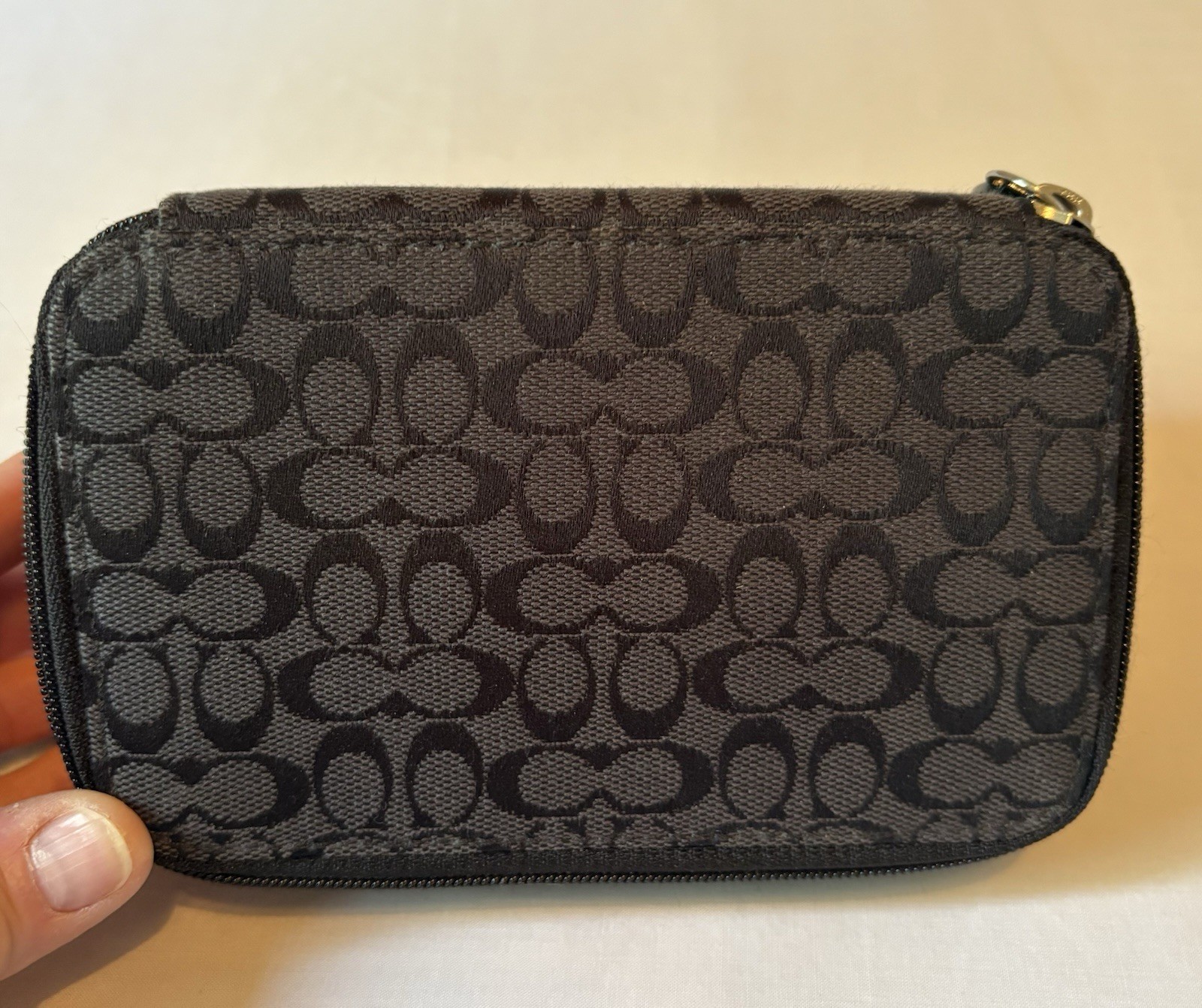 Authentic COACH Signature Monogram Travel Zip Around Jewelry Case BLACK