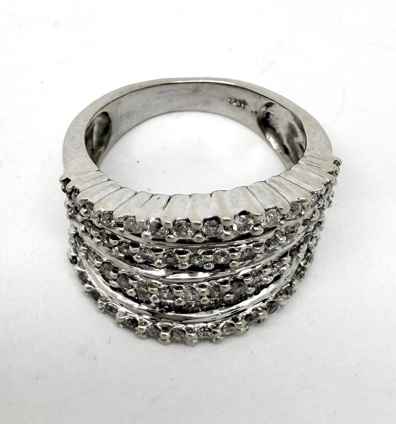 1.00 tcw Natural Diamond Wide Layered Wave Ring 14k White Gold w/Card Appraisal