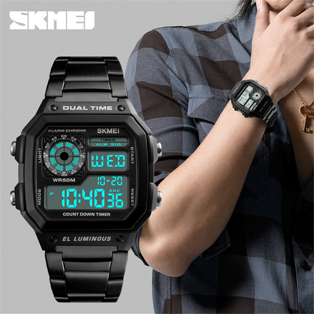 SKMEI Fashion Sport Watch Men Steel LED Digital Wristwatch Male Alarm Watches