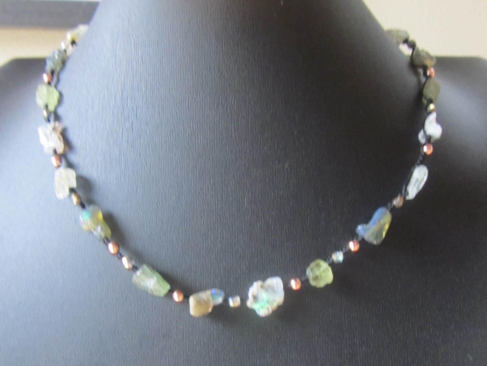 Necklace Black Ethiopian Fire Welo Opal Apatite Aquamarine Copper Raw Heals GIFT