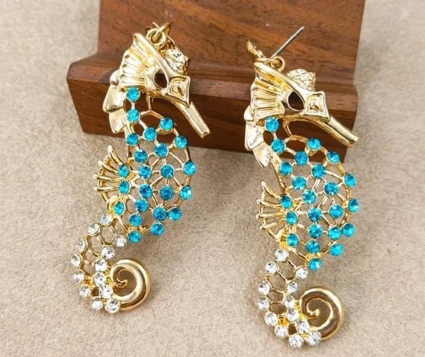 Sparkling Blue & clear Rinestone Embellished Goldtone Seahorse Dangling Earrings