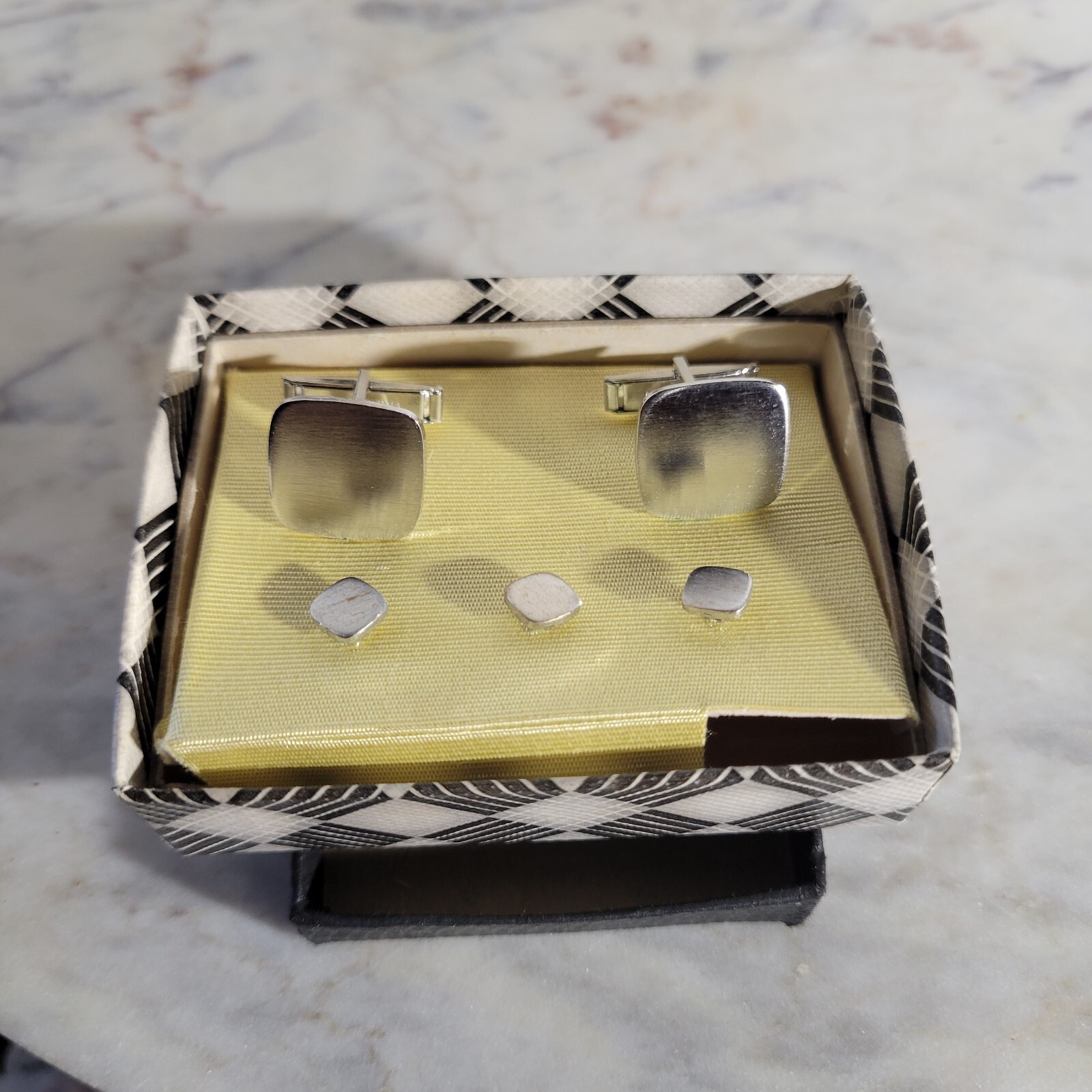 Vintage Silvertone Shiny Brush Matte Square Minimalist Cufflinks And Buttons