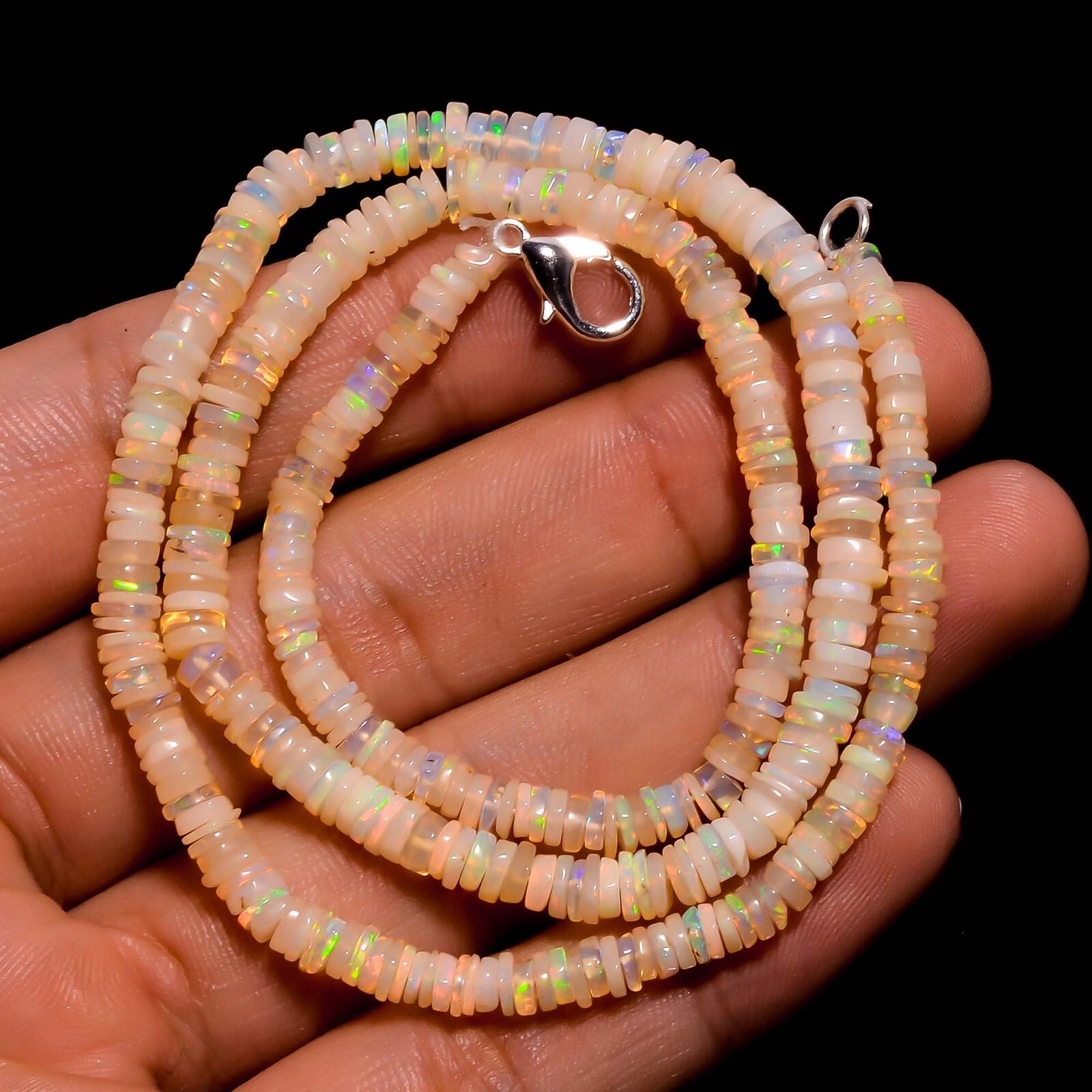 43.5 Ct. White Ethiopian Opal Gemstone Heishi Smooth Beads Necklace 17.5″ A-3491