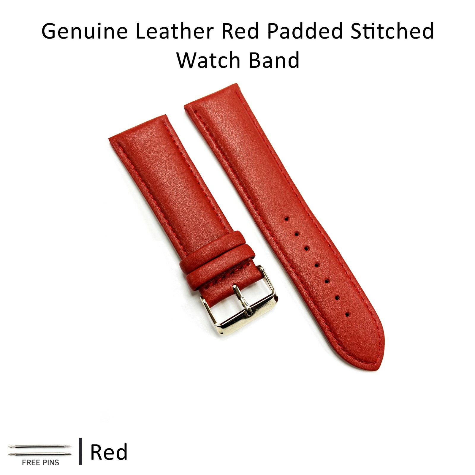 Genuine Leather Red Color Watch Band 12 MM to 30 MM Red & White Stitched