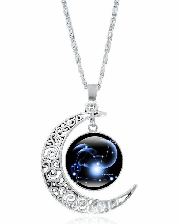 Moon Shaped Zodiac Sign Necklace Horoscope Astrological Pendant with 17″ Chain