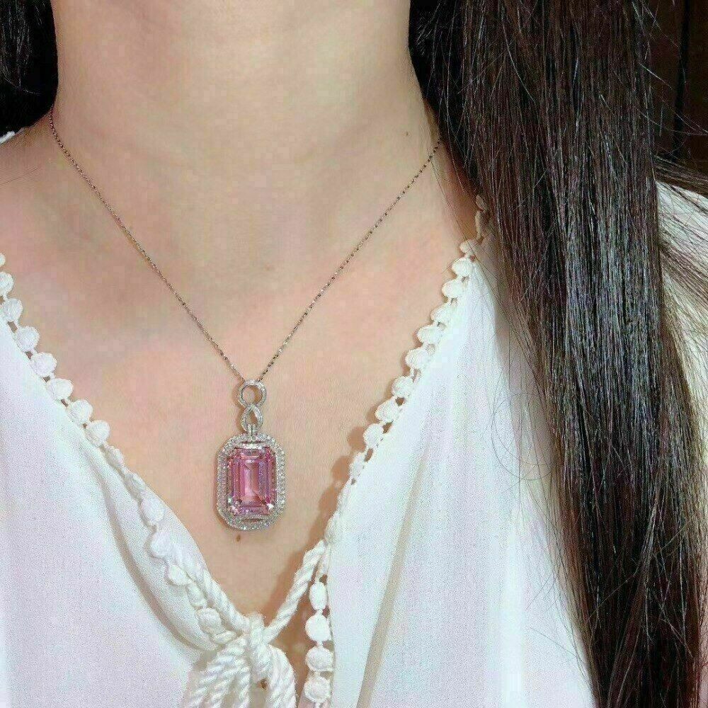 3Ct Emerald Cut Pink Sapphire Women’s Pendant 14K White Gold Over Free Chain