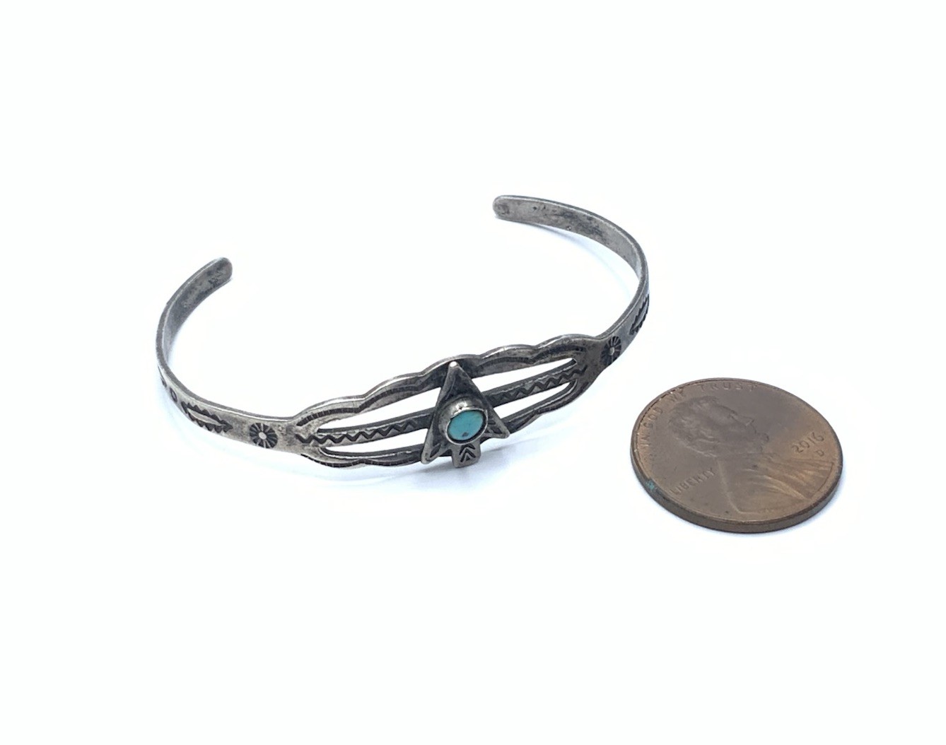 Navajo Fred Harvey Sterling Silver Turquoise Arrowhead Child 5” Cuff Bracelet