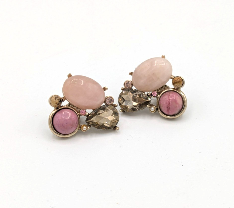 Vintage Pink Rose Quartz Clip On Earrings Smoky Rhinestone teardrop Chicos