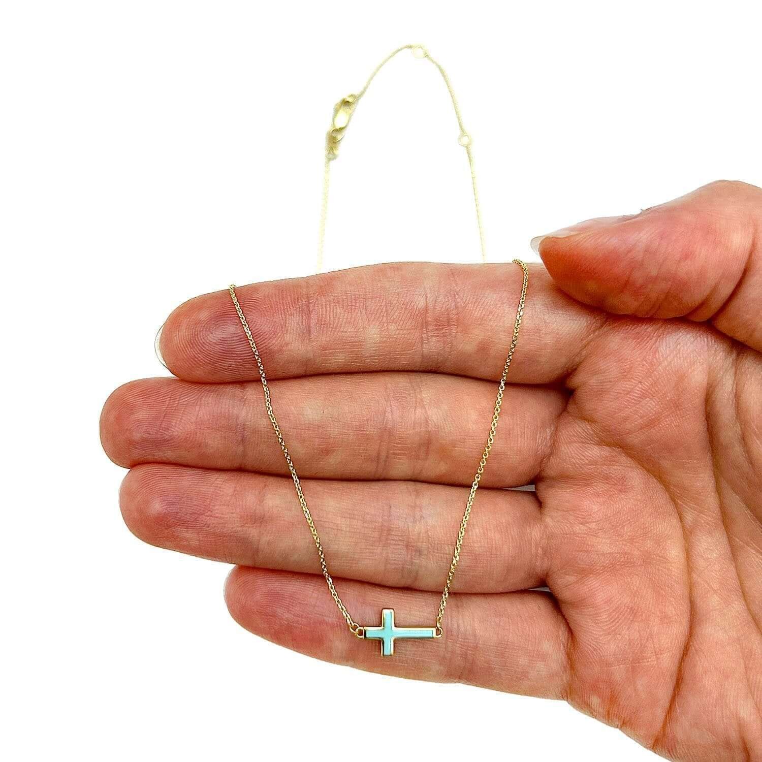 14K Real Gold White Black Turquoise Sideways Cross Pendant Necklace 16-18″ Adj