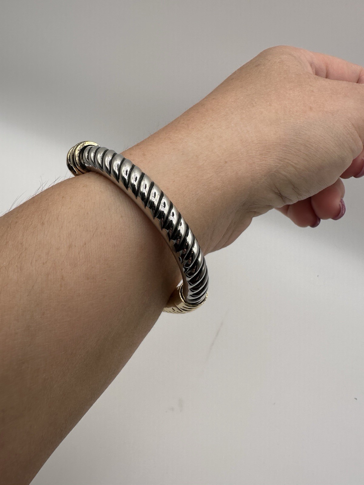 Two Tone Twisted Cable Cuff Bracelet Blue Round Bezel