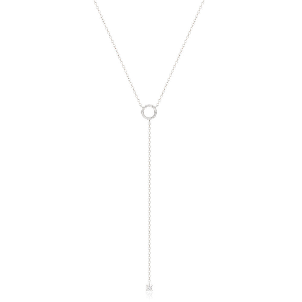 925 Sterling Silver CZ Circle Drop Y Lariat Necklace for Women