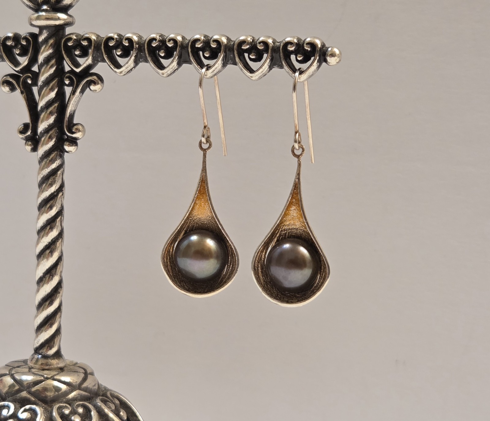 Vintage Tahitian Pearl Sterling Silver Pod Drop Italian Royal Chain RCI Earrings