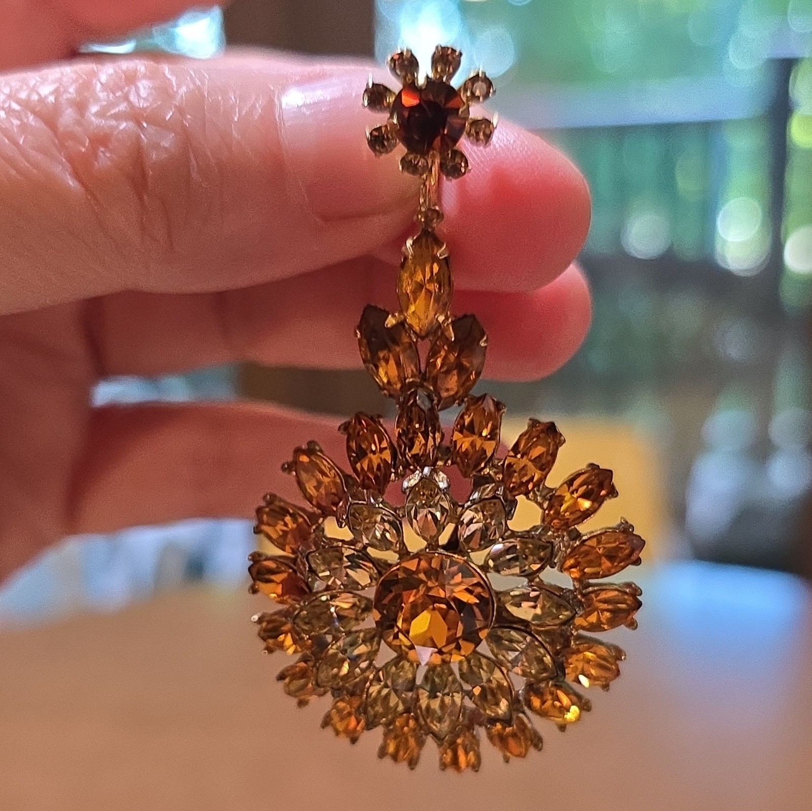 Gorgeous Midcentury Gold Tone Faux citrine Rhinestone Chandelier Pendant.