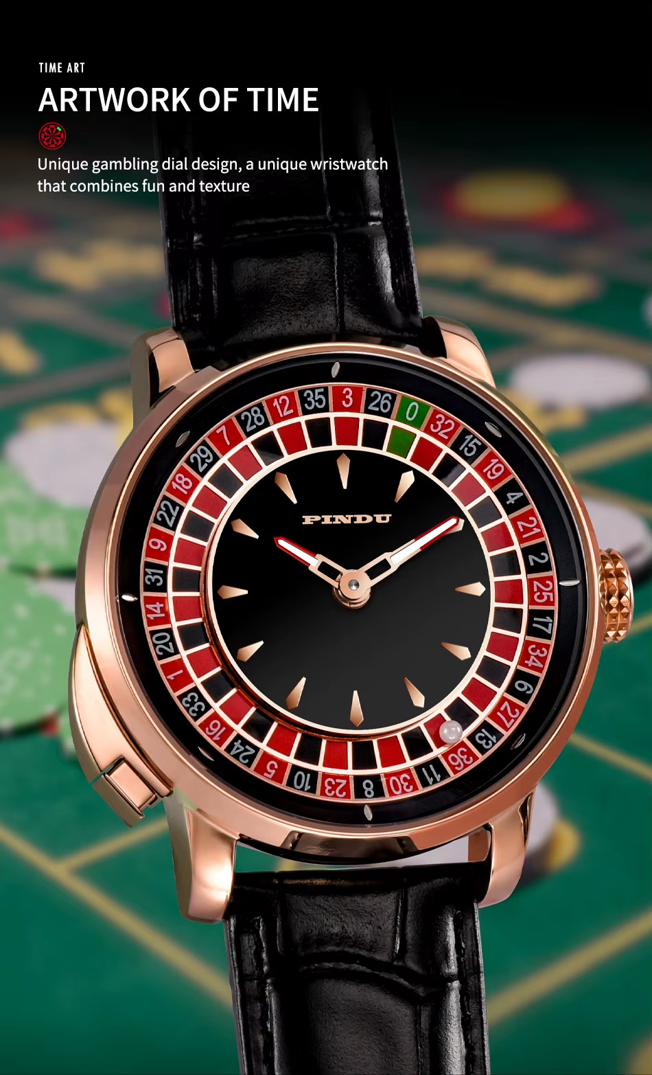 PINDU Luxury 46mm Men’s Automatic Watch 5ATM Casino Tourbillon Rotating Roulette