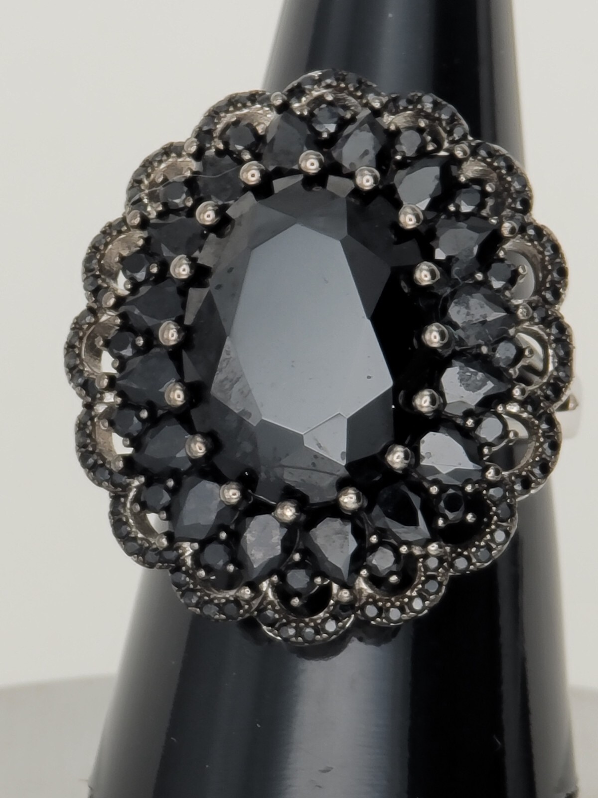 JTV 14.02CTW OVAL, PEAR SHAPE AND ROUND BLACK SPINEL STERLING SILVER RING