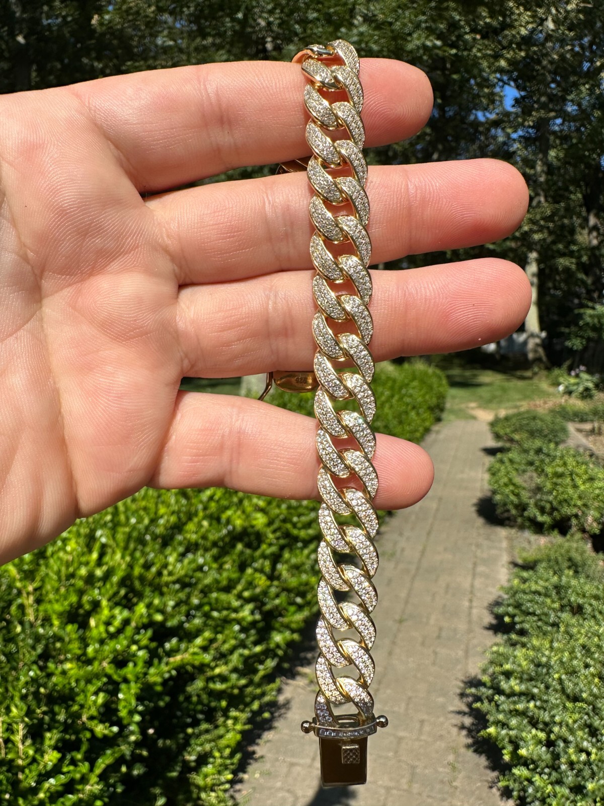 Mens Miami Cuban Link Bracelet Real Icy Solid 14k Gold Plated 925 Silver CZ 12mm