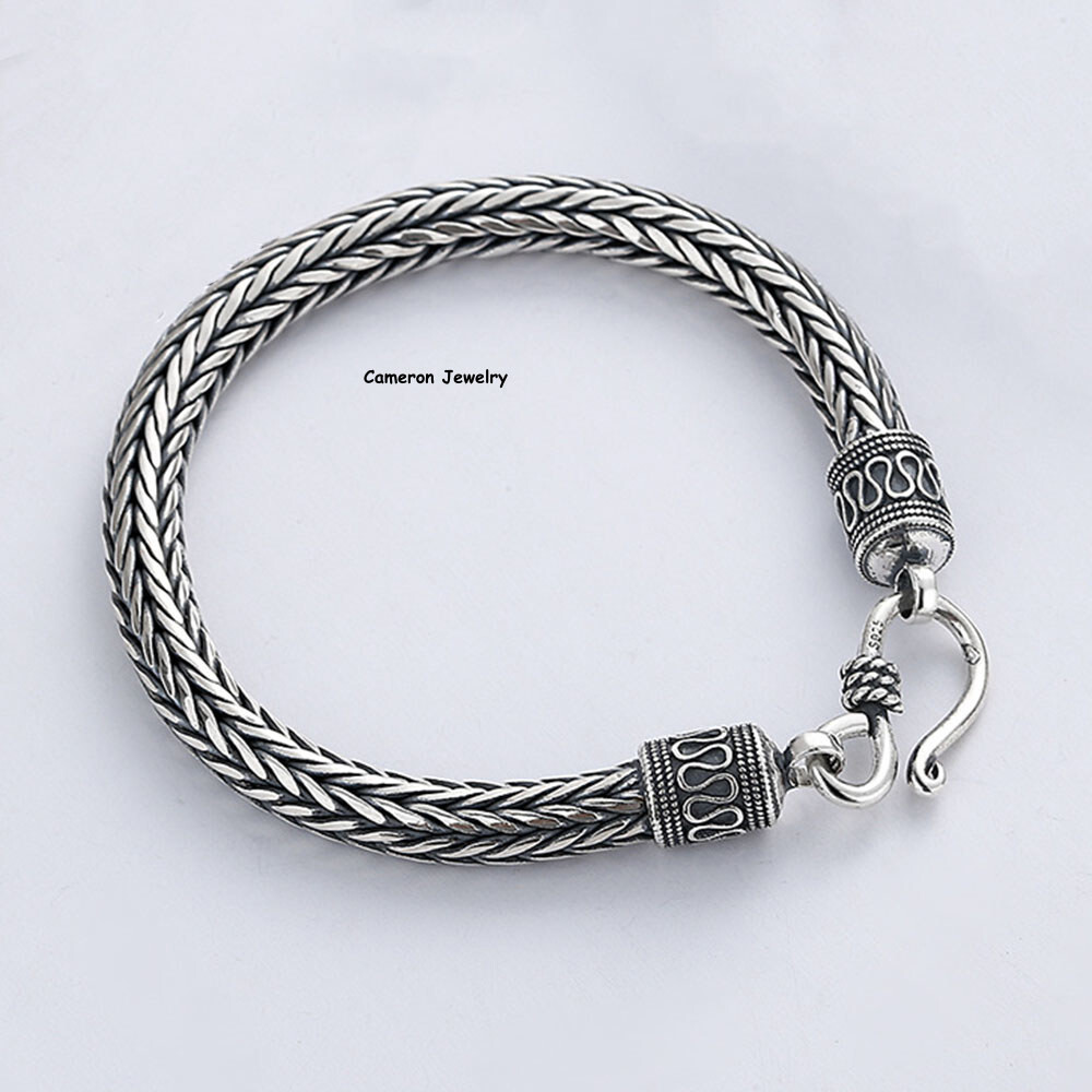 Solid 925 Sterling Silver Chain 6.5mm Braided Wheat Link Bracelet 7.9-8.3inch