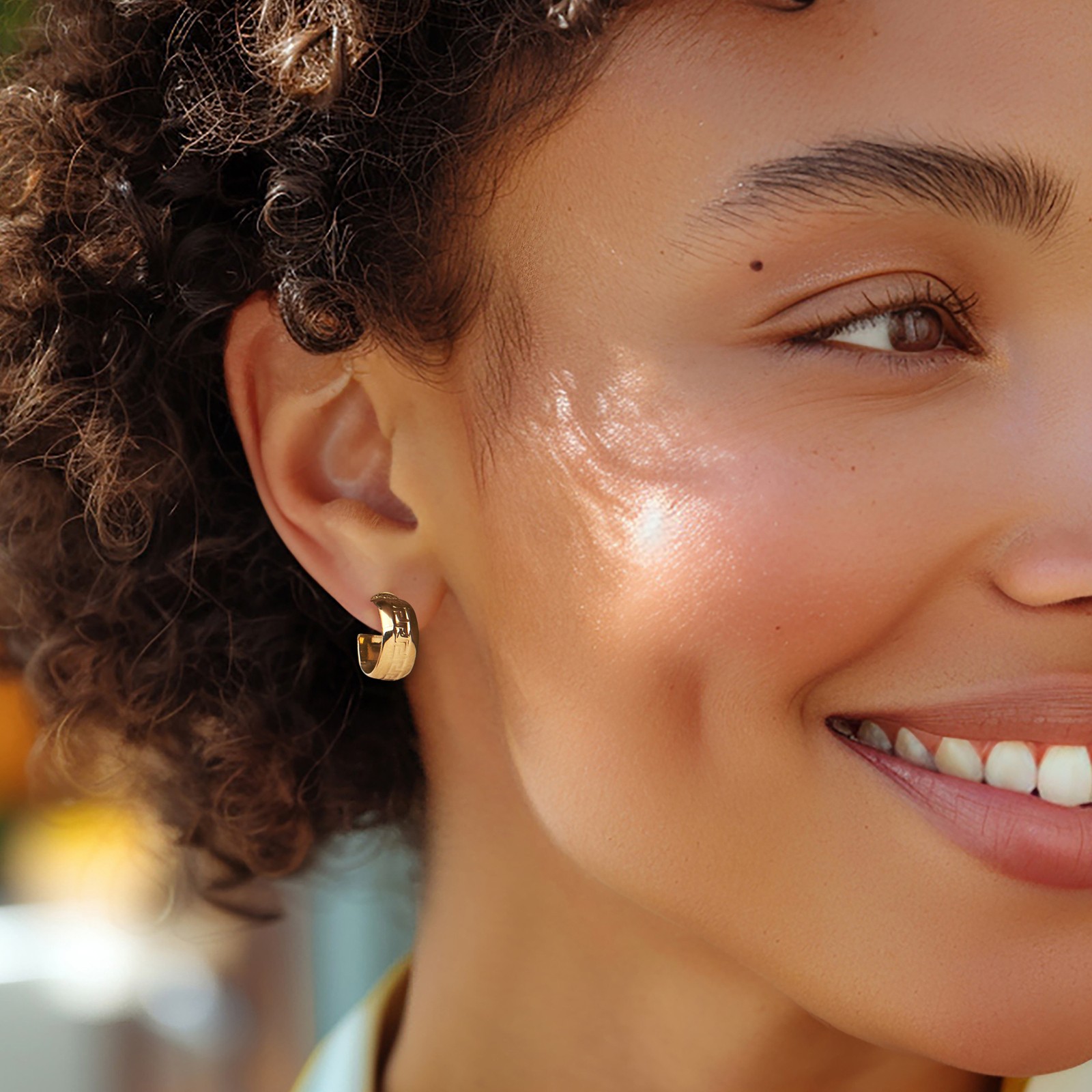 Italian Greek Key Huggie Hoop Earrings in 14kt Yellow Gold. 1/2 inches