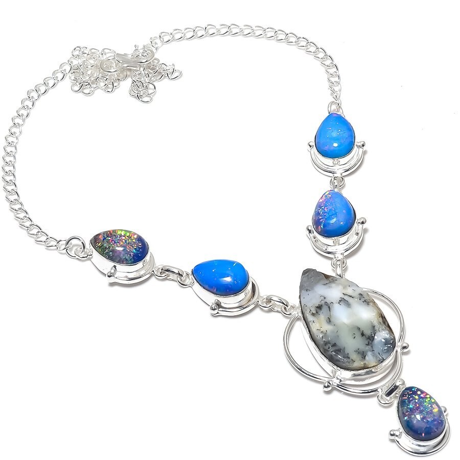 Rhough Dendrite Opal Gemstone Handmade 925 Sterling Silver Jewelry Necklace 18″