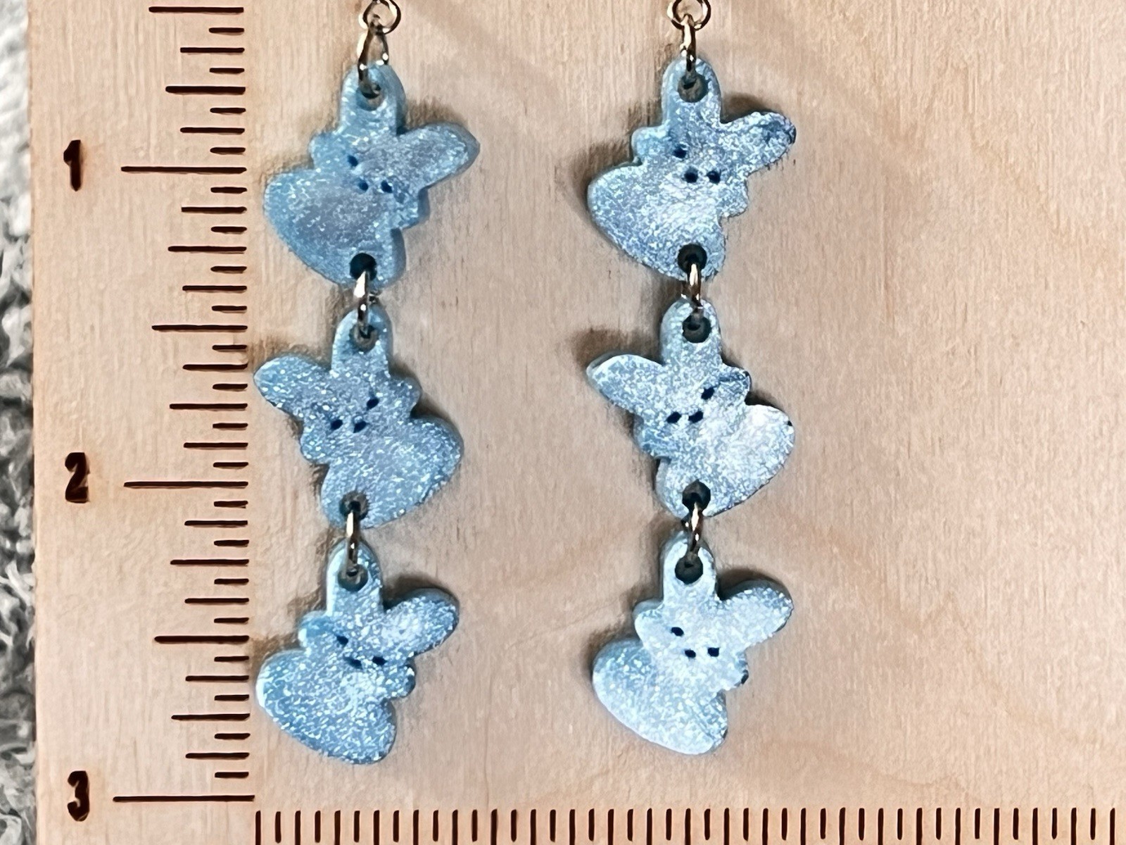 Handcrafted Blue Bunny Dangle Earrings Polymer Clay Animal Theme 2.8 in hook