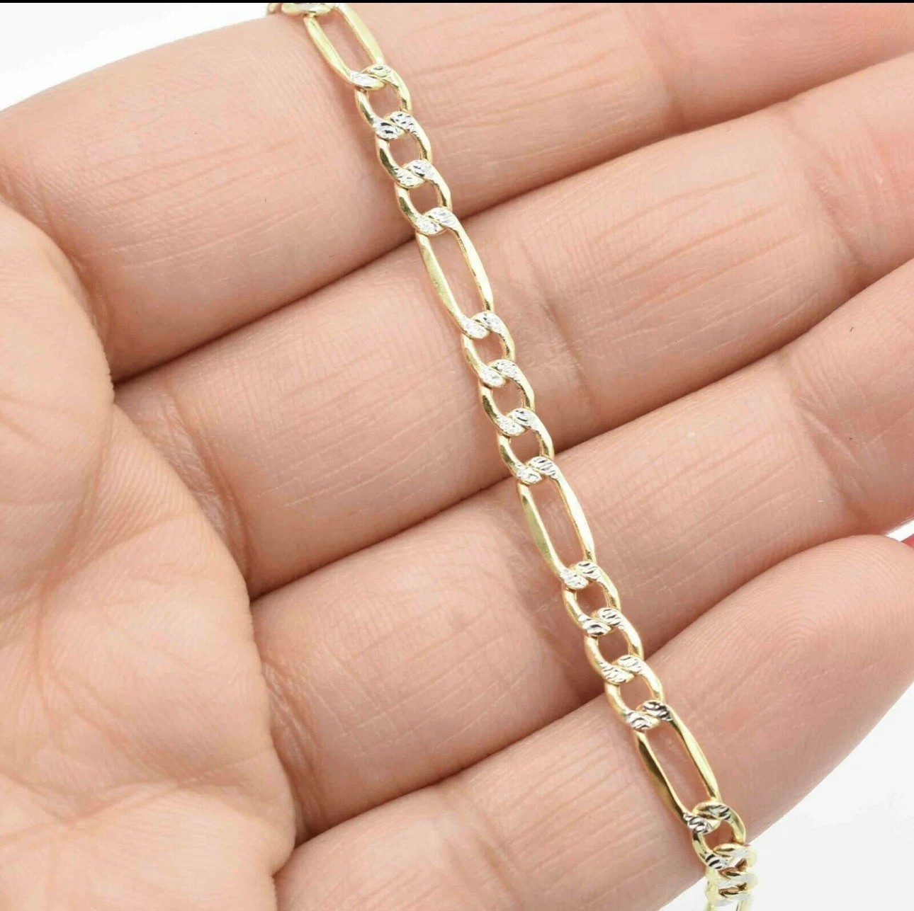 3.7mm Pave Figaro Chain Anklet with Lobster Lock Real 10K Yellow White Gold 10″
