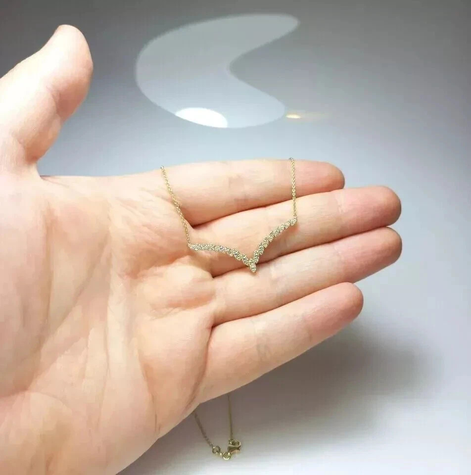 1.50Ct Round Cut Real Moissanite 14K Yellow Gold Plated V Shape Women’s Necklace