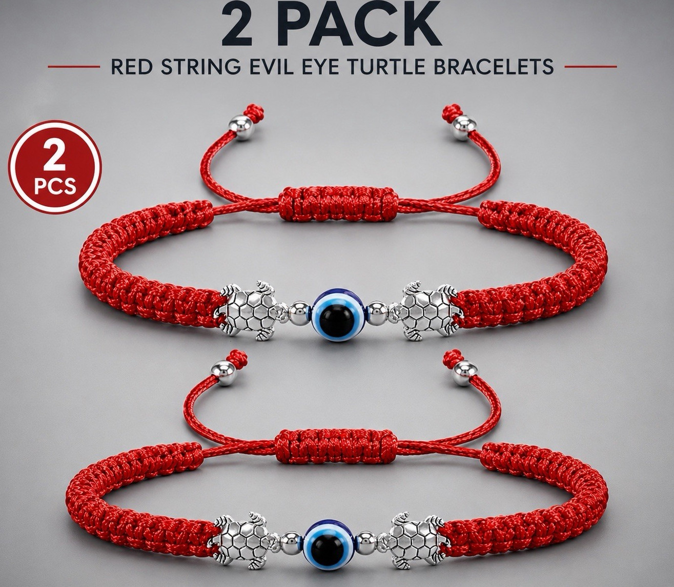 2 Pack Red String Evil Eye Turtle Charm Bracelets Adjustable Lucky Protection
