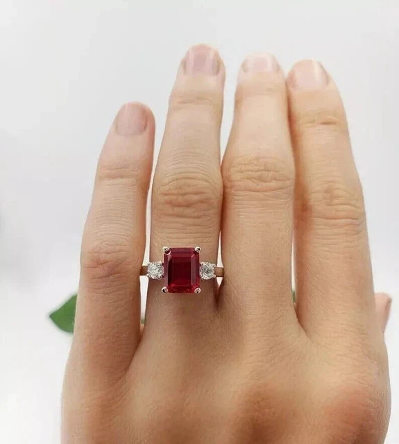 2Ct Emerald Cut Simulated Ruby Solitaire with accent Ring 14K Yellow Gold Plated