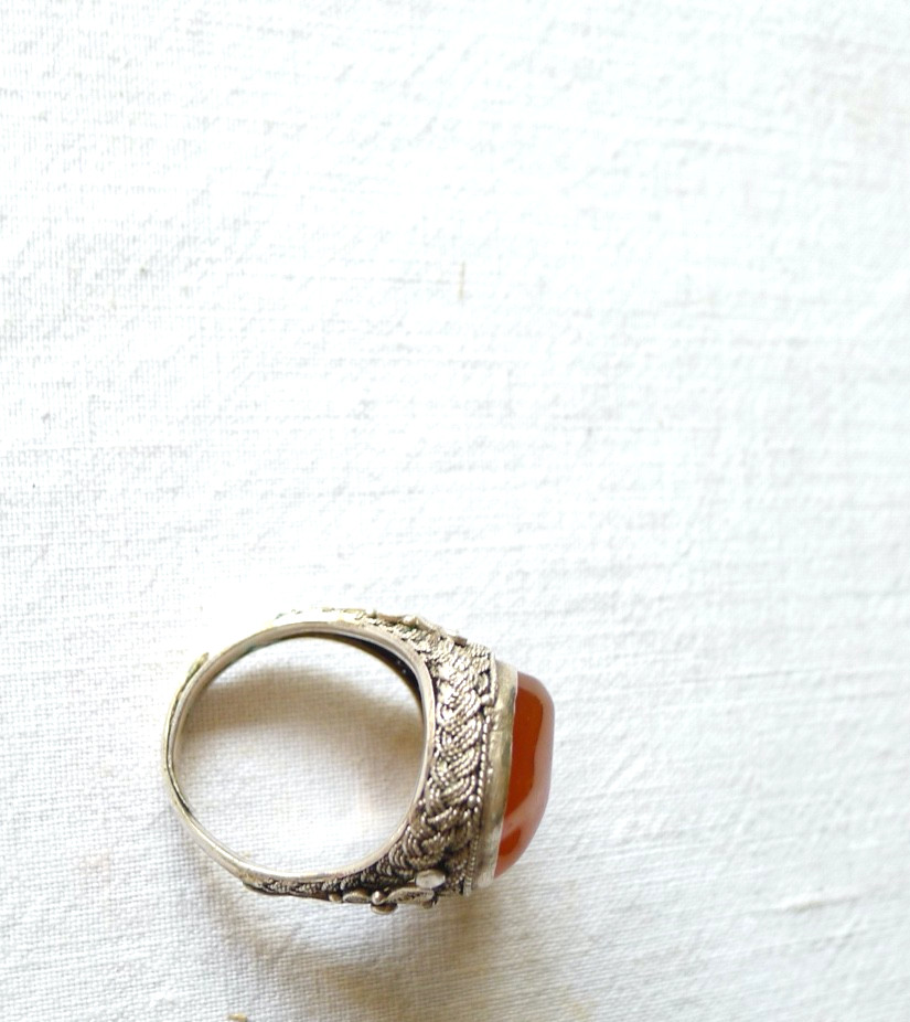 OLD CHINESE RING FILIGREE SILVER HARD STONE CHINA EXPORT VINTAGE CHINA