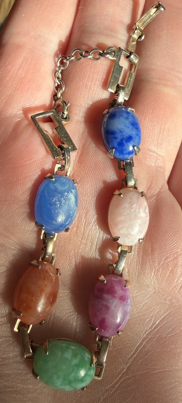 Vintage Link Bracelet Multicolor Stones Prong Set Open Back Small