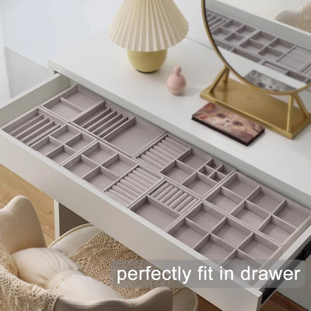 10 Pack Jewelry Organizer Tray Drawer Inserts,Stackable Velvet Liner Dividers..