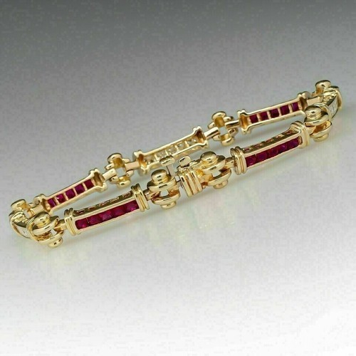 7.69Ct Princess Cut Simulated Ruby Unique Tennis Bracelet 14K Yellow Gold Plated