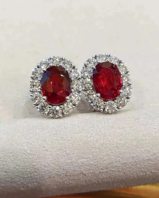 Lab Created Red Ruby 3.00Ct Oval Cut Halo Stud Earrings 14K White Gold Plated