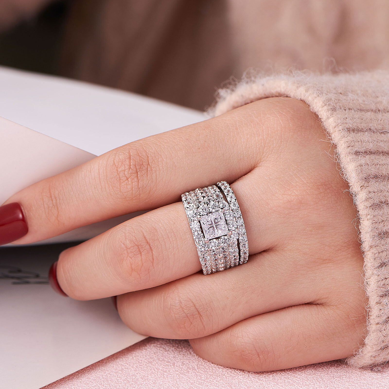 Wuziwen Big Wedding Engagement Ring for Women Heavy Silver Pure Sterling Silver