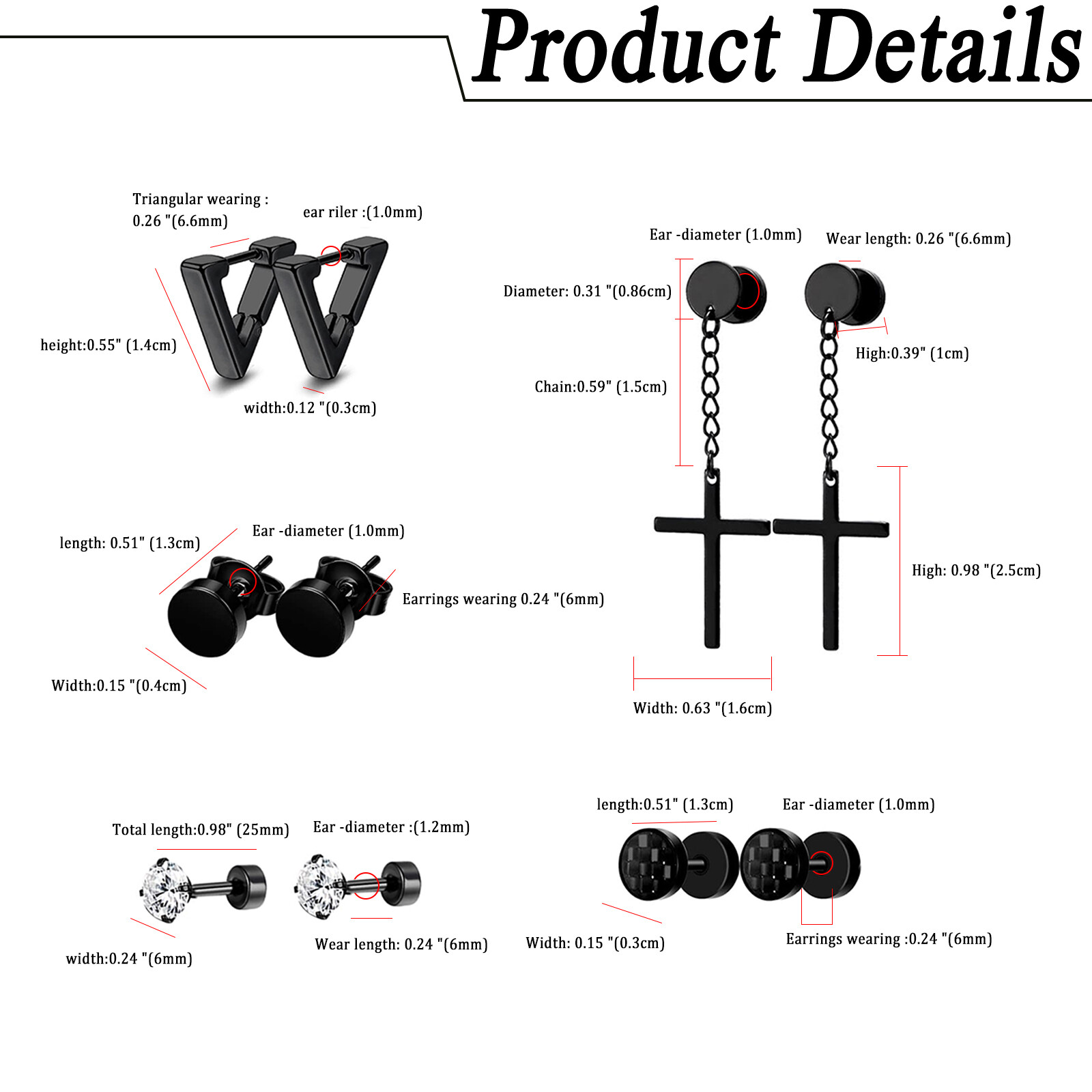 14 pairs Black Stainless Steel Cross Dangle Spike Hoop Earrings Ear Studs Set