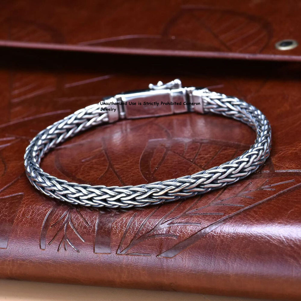 Pure S925 Sterling Silver Chain 6mm Unique Wheat Link Bracelet 26-27g 7.9inch