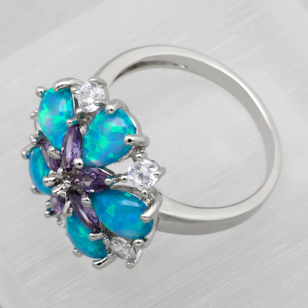 Simulated Amethyst 5×7 Blue Fire Opal CZ Silver Jewelry Cluster Ring Size 7 8 9