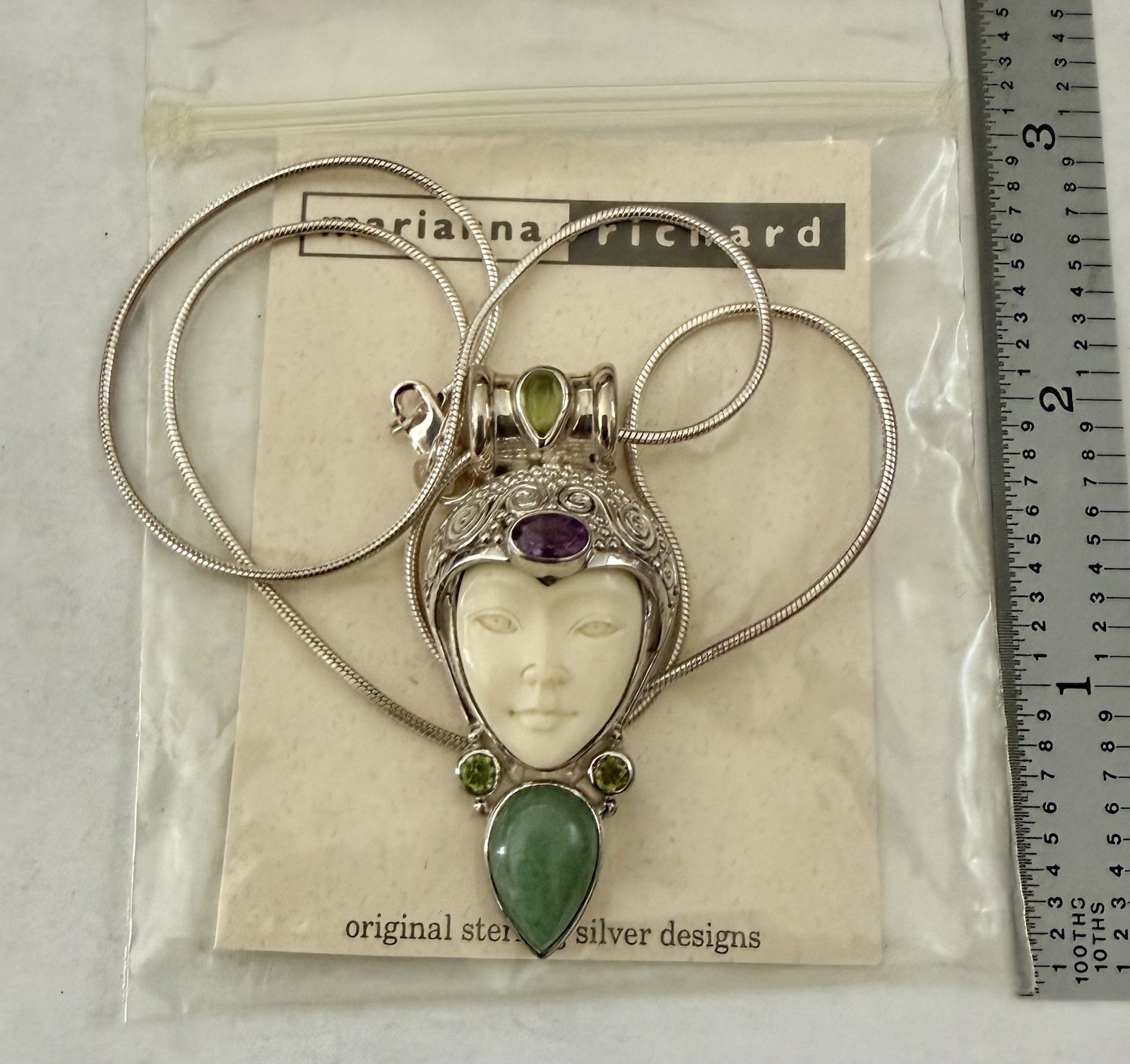 Vintage Sajen Sterling Silver Gemstone Carved Goddess Necklace Pendant
