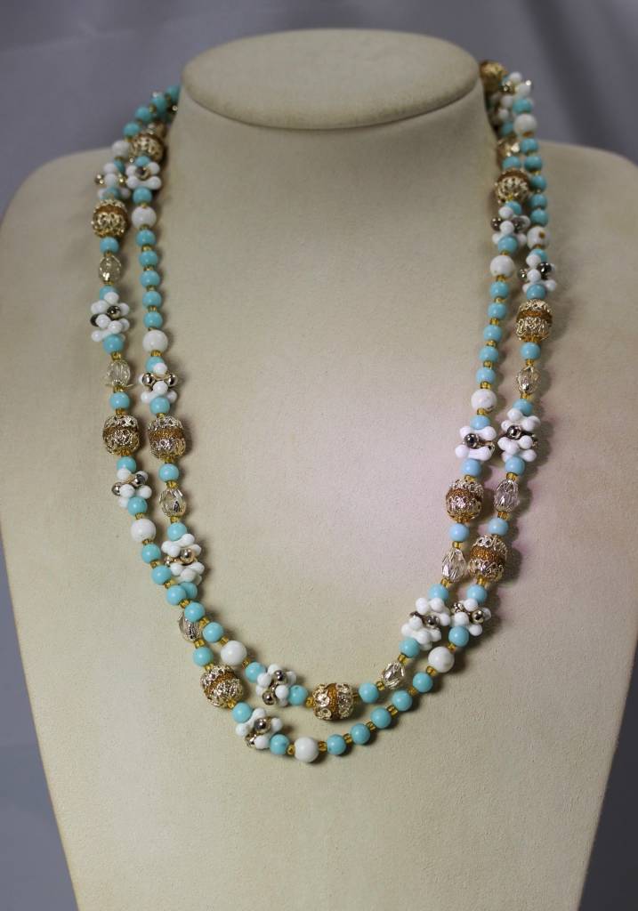 Vintage Blue, White Silver & Gold Japan Necklace & Earrings Set 48″ – 6909