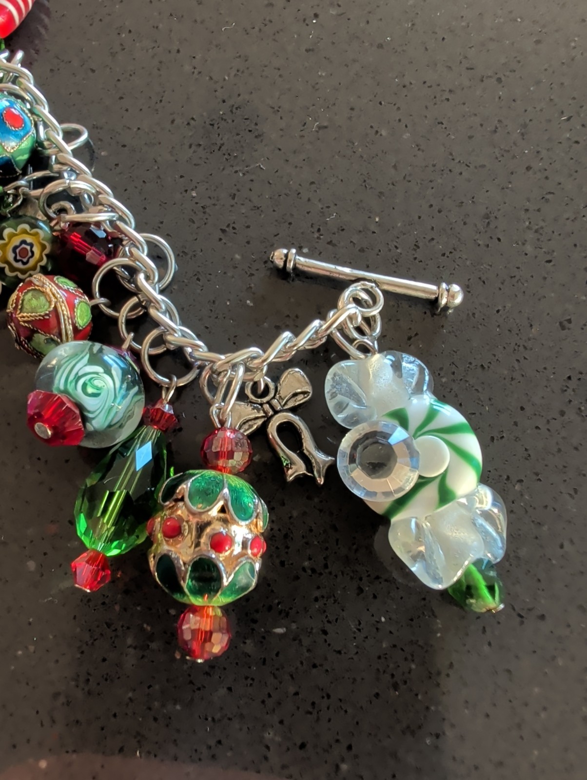 Multicolor Lampwork Art Glass Cloissone Charm Bracelet Silver Tone 7″ Loaded T5