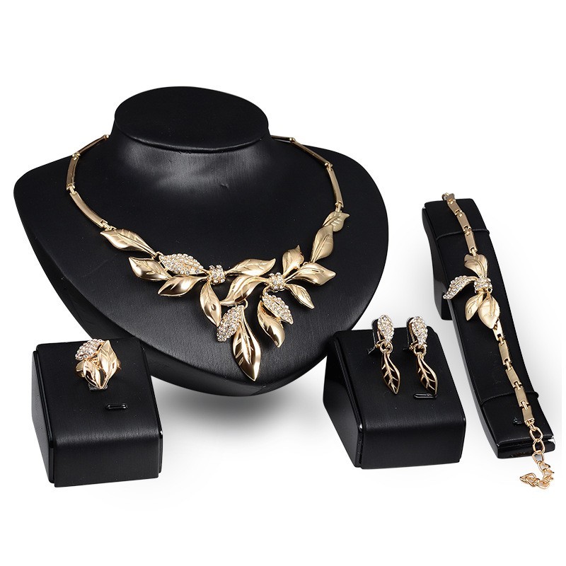 Gold Leaf Rhinestone Jewelry Set Necklace Earrings Bracelet Ring Wedding Bridals
