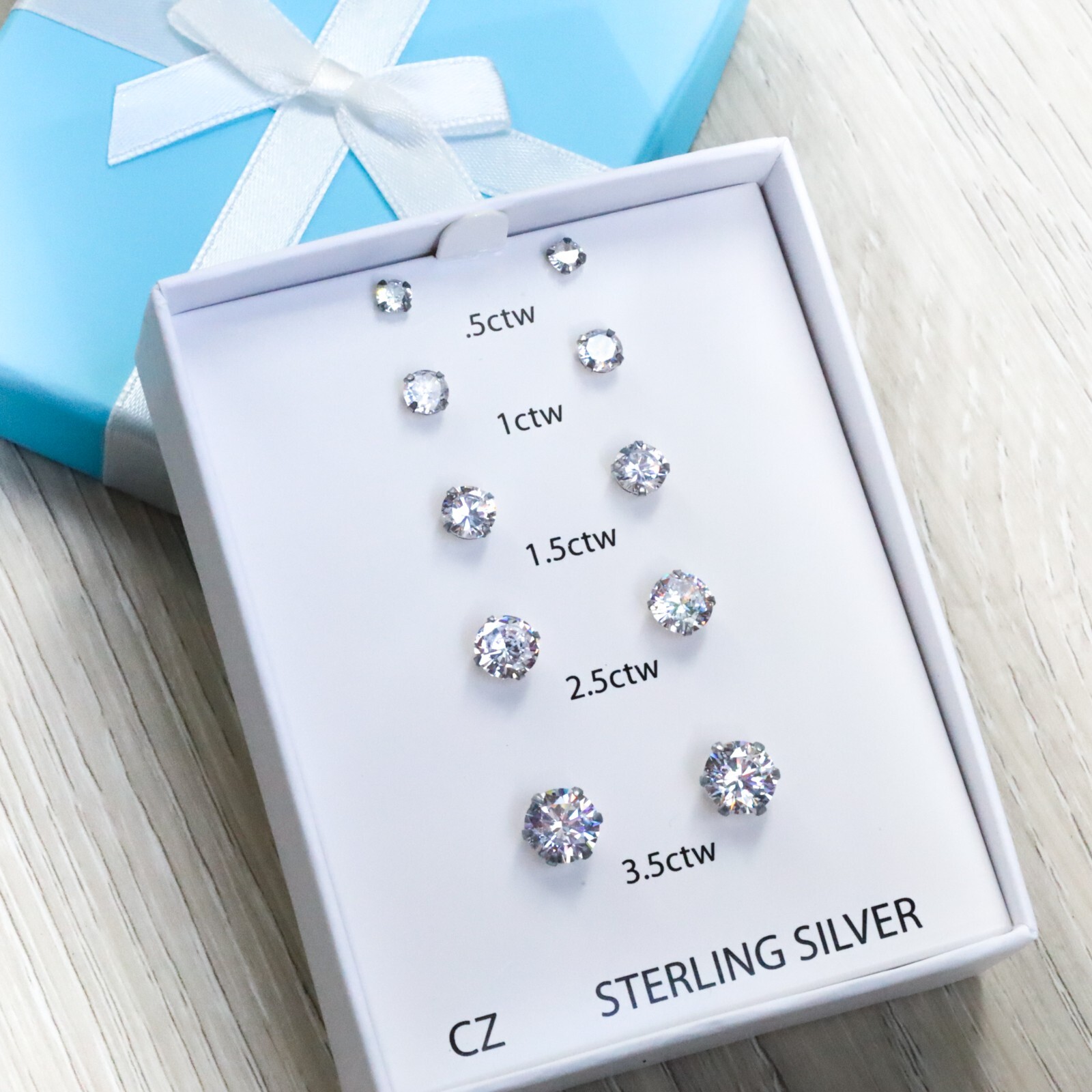 5 Pairs Stud Earrings Sterling Silver White Cubic Zircon different Size carat