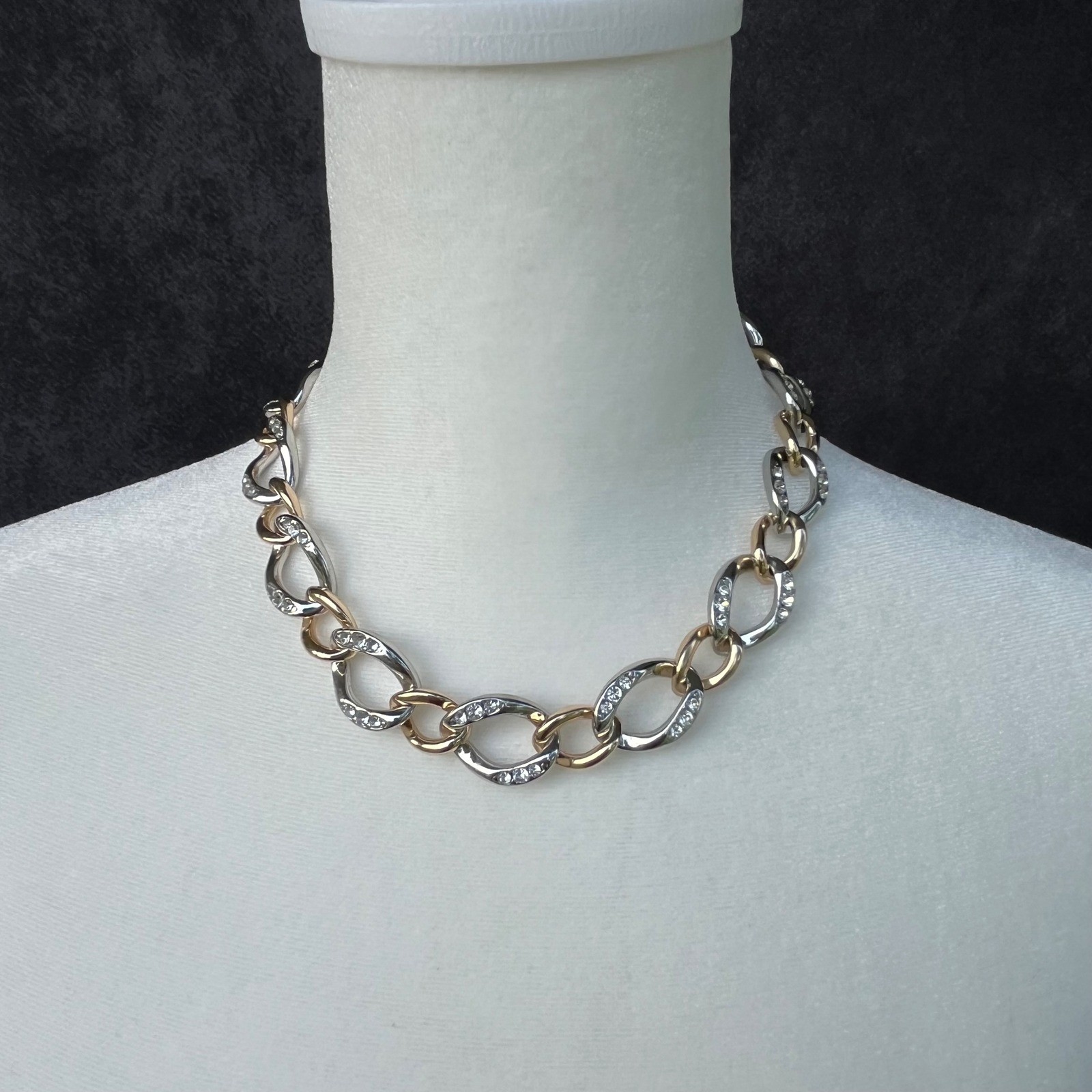 White House Black Market NEW Two Tone Crystal Pave Link Chain Necklace Glam