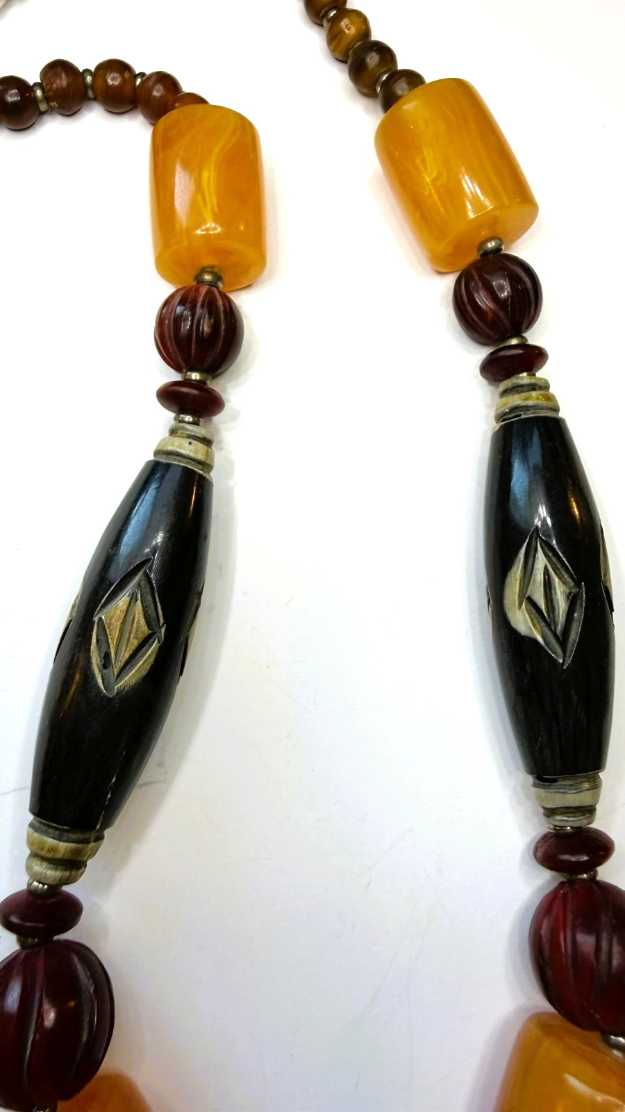 Vintage Tibetan Style Mosaic Pendant Necklace Butterscotch Resin Bone Beads 26″