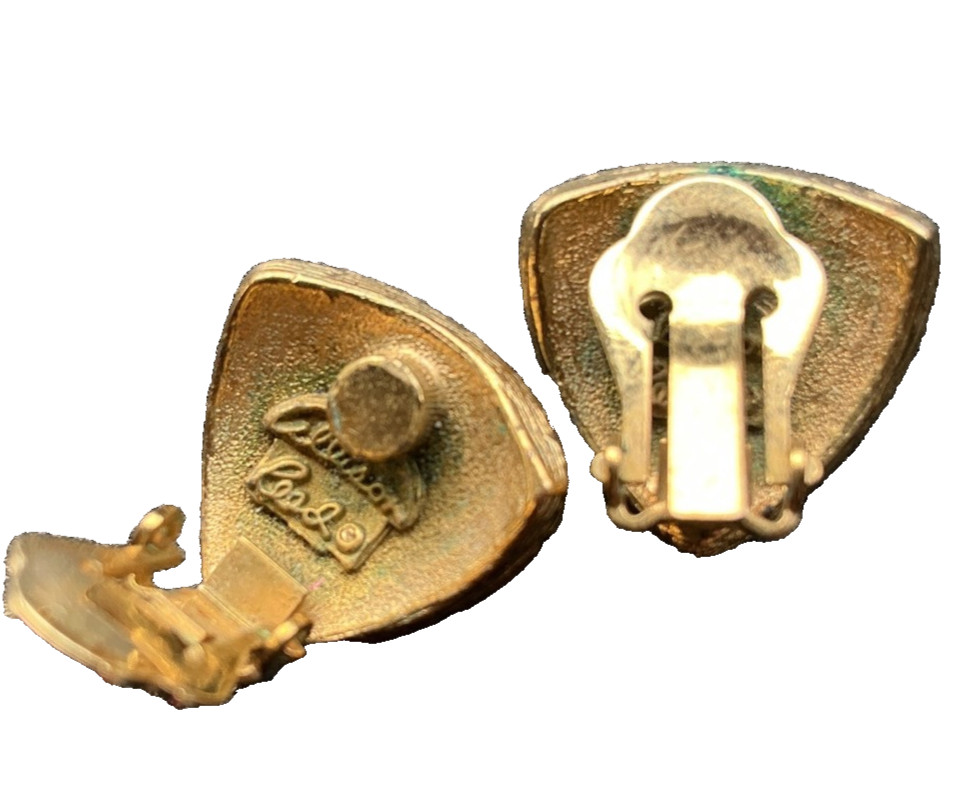 Vintage Allison Reed Gripoix Clip-On Earrings With Red Green & Amber Enamel