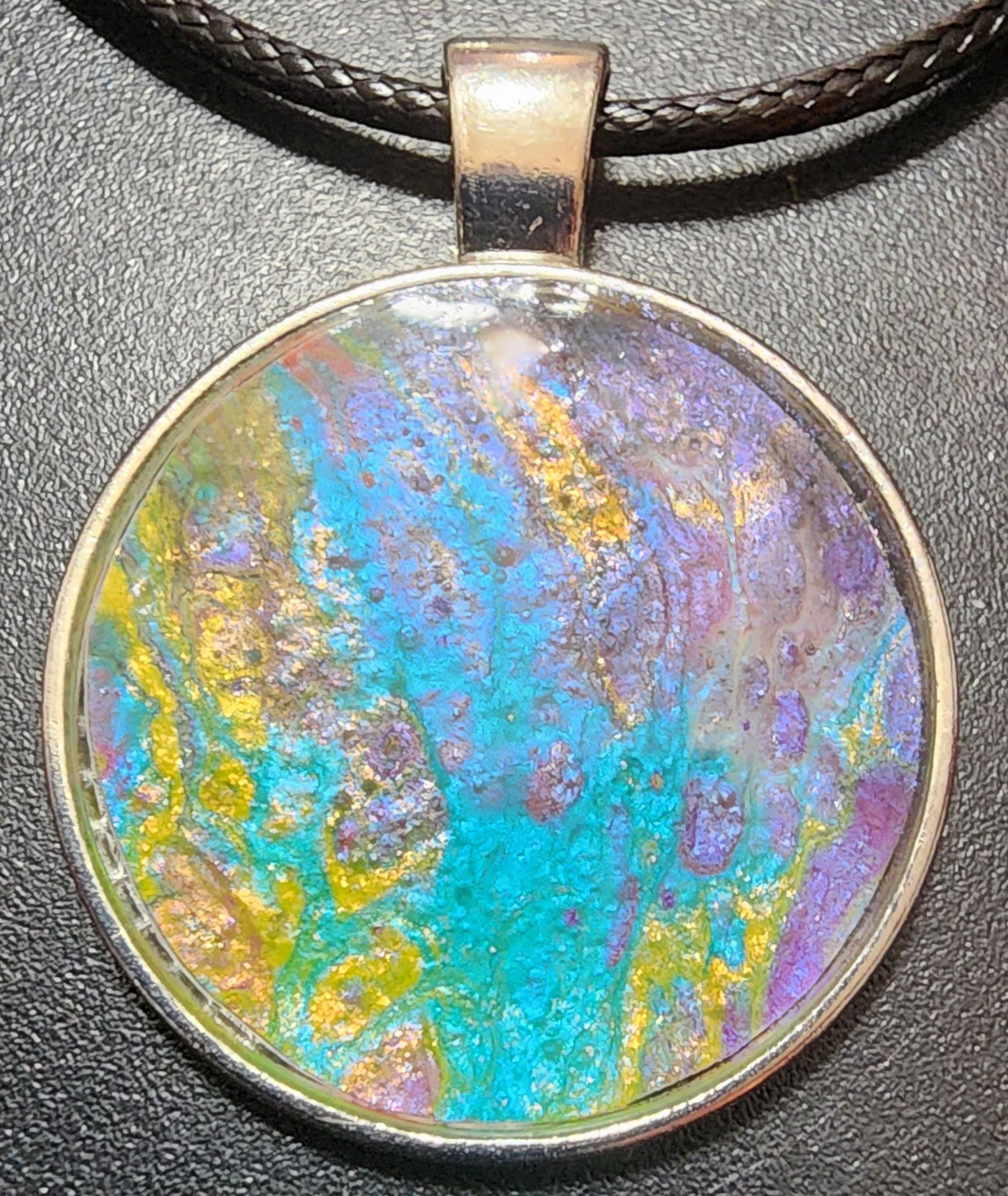 Handcrafted Acrylic Paint & Resin Pendant Faux Leather Adjustable Lobster Clasp